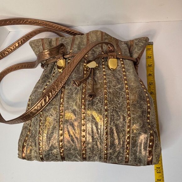 Valerie Artisan Textile Bronze Leather Studded Crossbody Bag Womens Designer - Picture 9 of 9